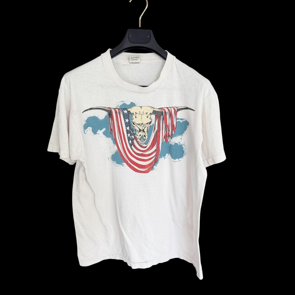 Vintage 90s Longhorn‎ Skull American Flag T-Shirt USA Made L Distressed